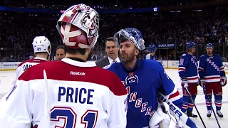 Rangers and Canadiens embrace with their hands after Game 6