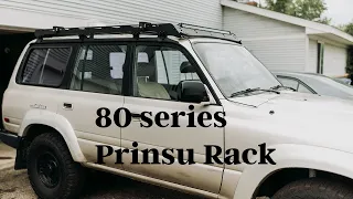 80 Series Land Cruiser Prinsu Roof Rack Installation w/ light bar and awning mount