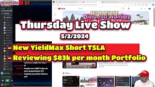 Thursday Live Show, 5/2/2024, New YieldMax Short $TSLA $CRSH, reviewing an $83k per month portfolio