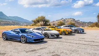 Forza Horizon 5 Drag race: Acura NSX vs Nissan GTR vs Mercedes-AMG GTR vs Ferrari 458 Italia