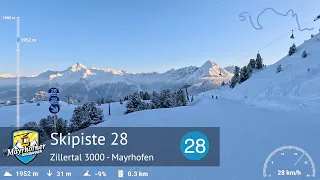 Skiing Mayrhofen - Ski Slope 28 - Family descent to Kombibahn | Zillertal 3000 | With GPS Stats