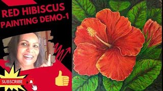 Red Hibiscus Flower Acrylic Painting Demo 1/2 - Step-by-Step Tutorial