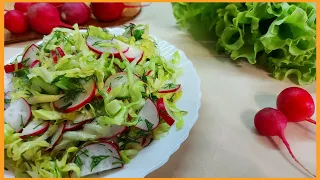 Летний салат с редиской, молодой капустой и огурцом