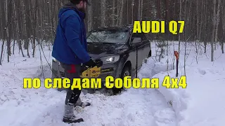 На СТОКЕ AUDI Q7 3.6 FSI QUATTRO по следам СОБОЛЯ 4х4 через заснеженный лес!!! Домкрат, бензопила!!!