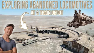 Abandoned steam locomotives at a train depot in the desert | URBEX