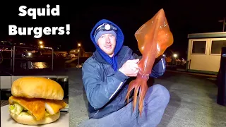 GIANT SQUID - Burgers ! Catch Clean Cook & Eating RAW Squid at the HARBOR