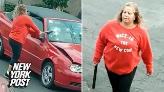Woman smashes car with a pipe while wearing 'Nice is the new cool' sweatshirt | New York Post