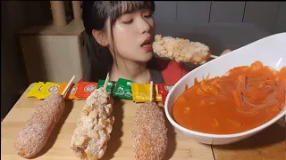 치즈 범~벅 명랑핫도그 신메뉴 로제떡볶이 핫도그 세트 먹방🌭ROSE TTEOKBOKKI & CHEESE CORN DOG MUKBANG::KOREAN EATING SOUNDS