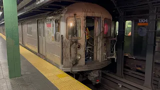 Wrong Railing Damaged R62a 1 Train Derailment train 2176-2180 being towed past Times Square 42nd St