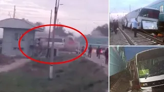 Bus hit by a train in Kazakhstan| CCTV English