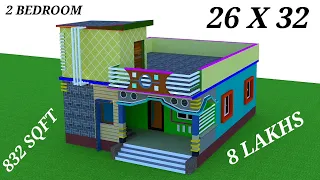 26by32 house plan with 2 Bedrooms in village style!! Village style front elevation!!26x32 house plan