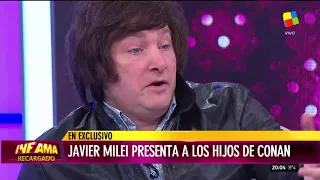 Javier Milei presentó a "hijo" Conan y a sus "nietos" de cuatro patas en Infama Recargado