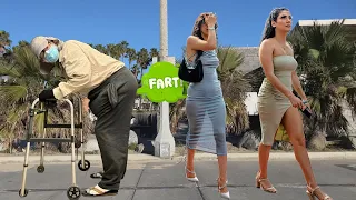 Old Fat Man Farts On People At Beach!!! (WET Farts with Sharter!!)