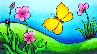 How to Draw Butterfly Scenery Step by Step | Easy Butterfly in the Garden Scenery Drawing