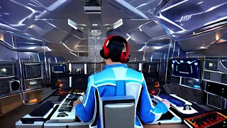 luxurious space yacht, making music on modular analog synthesizers