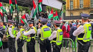 POLICE OUT IN FORCE AS HUGE PALESTINE PROTEST CLOSES HORSE GUARDS - no King's Guard, no horses!