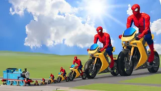 Big & Small Spiderman on a motorcycle vs Thomas the Tank Engine Train | BeamNG.Drive