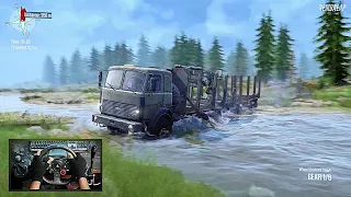 Spintires Mudrunner - MAZ-6317 Crane Trucks Cross The River | Steering Wheel Gameplay