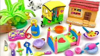 DIY How to make polymer clay miniature house, kitchen set, Rikshaw, Tree, Charpai, Cow | Village