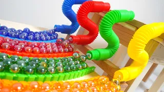 マーブルランレースASMR☆小さなカラフルトンネルとカラフルレールとカタカタレールといつものHABAスロープ【AMSR best marble runs】