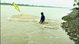 Amazing Boy Catching Fish in River। Traditional Net Fishing by Village Boy with Beautiful Natural। P