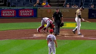 Yadier Molina hit by a foul ball