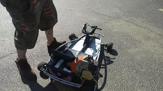 Stihl fs36 weed eater powered razor go kart with a jackshaft fly by 9.5mph !