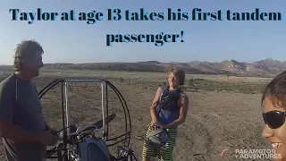 Taylor at age 13 takes his first paramotor tandem passenger.