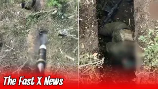 A Russian soldier in a canal is blown up by a Ukrainian drone throwing a grenade.