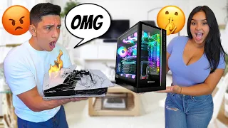 DESTROYING My Boyfriends PS5 & Surprising Him With A $5000 Gaming PC!! *He Freaked*