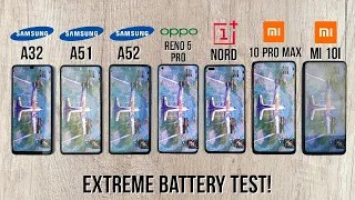 Samsung A52 vs A51 vs A32 vs Note 10 Pro Max vs Mi 10i vs Nord vs Reno 5 Pro Extreme Battery Test!🔥