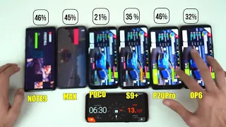 iPhone XS MAX vs Note 9/S9/POCOPHONE F1/ P20 Pro/ OnePlus 6 Battery Drain Test! 2018