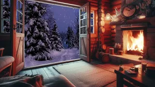 Winter Cozy Cabin Ambience with Relaxing Sounds of Campfire and Falling Snow for Relaxation or Sleep