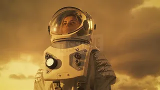 low angle shot of female ASTRONAUT in the space suit looking around alien planet 🚀