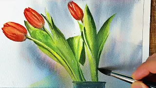 Tulipani in acquerello tutorial completo con 3 colori primari