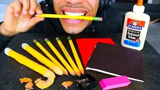 ASMR EDIBLE SCHOOL SUPPLIES *PRANK* EATING PENCILS GLUE NOTEBOOK PAPER MUKBANG 먹방 MOUTH SOUNDS