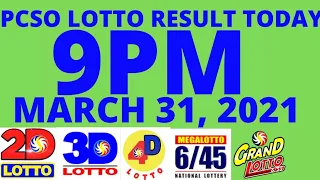 9PM PCSO LOTTO RESULT TODAY MARCH 31 2021 2D 3D 4D 6/45 6/55 EZ2 SWERTRES
