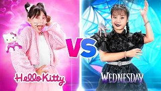 One Colored Makeover Challenge! Hello Kitty Vs Wednesday! Funny Stories About Baby Doll Family