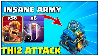 56 Super Barbarian + 6 Bats Insane TH12 Army in Clash of Clans