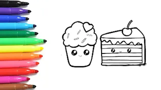 How to Draw Cupcake and Slice Rainbow Cake | Easy Drawing and Coloring for Kids