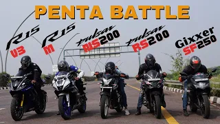 Pulsar RS200 vs Yamaha R15M vs Yamaha R15 V3 vs Suzuki Gixxer SF 250  vs Pulsar NS200 Drag Race