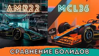 Разбор и сравнение болидов Астон Мартина и Макларена. Первые настоящие болиды 2022 года. AMR22 MCL36