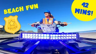 Police ATV Beach Clean Up | Handyman Hal cleans the beach Police 4 Wheeler | Fun Videos for Kids