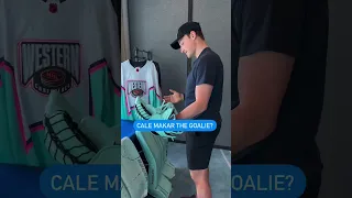 Cale Makar checking out some Bauer Mach Goalie Pads at 22-23 All Star Game #nhl