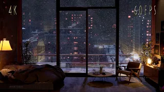 (Night Version For Sleeping) NYC Heavy Snowfall In A Cozy Apartment | 4K |  60FPS