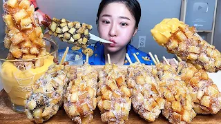 Corn dogs with Potatoes and Cheese sauce Eating Show. Dessert Mukbang