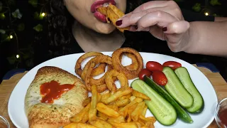 ASMR Philly Cheese Steak Calzone, Onion Rings, Fries | Eating Sounds | No Talking