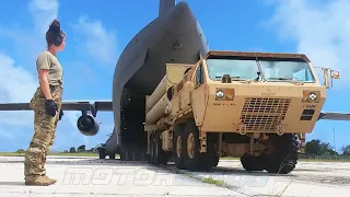 Unloaded and Loaded THAAD Launcher on a US C-17 Globemaster III Large Military Cargo Aircraft