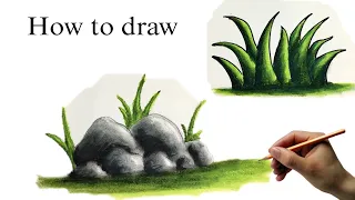 How to draw rocks and grass | Oil pastels drawing| Easy drawing