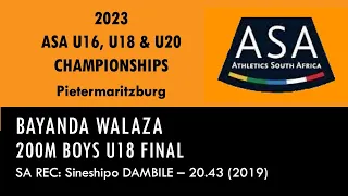 Bayanda Walazawins 2023 SA Boys U18 Championships 200m in 21.10 in Pietermaritzburg